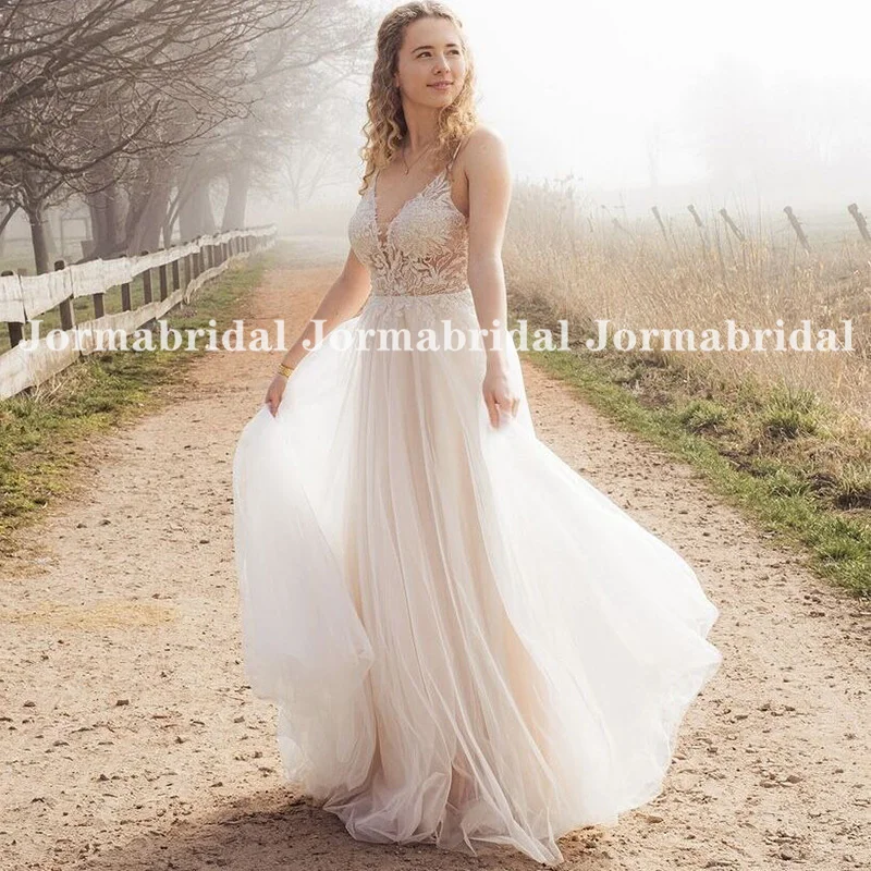 Dreamy boho vestidos de casamento para mulher ver através corpete espaguete cinta leve fluindo tule sem costas verão vestidos de noiva