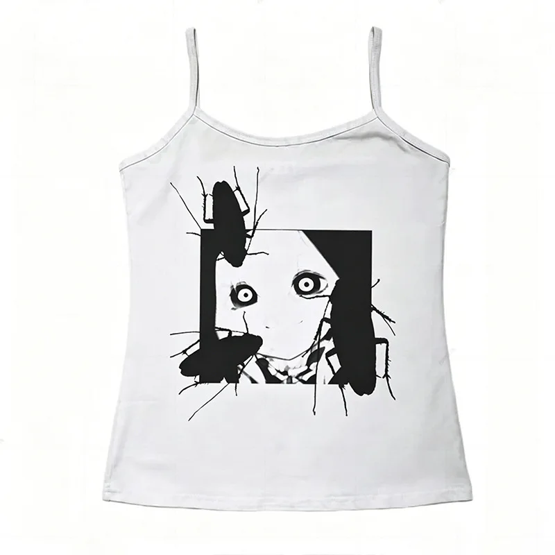 Y2K Anime Heart Chain Print Cami Tank Top Women Sleeveless Spaghetti Strap Slim Fit Crop Top Vintage Aesthetic Gothic Streetwear