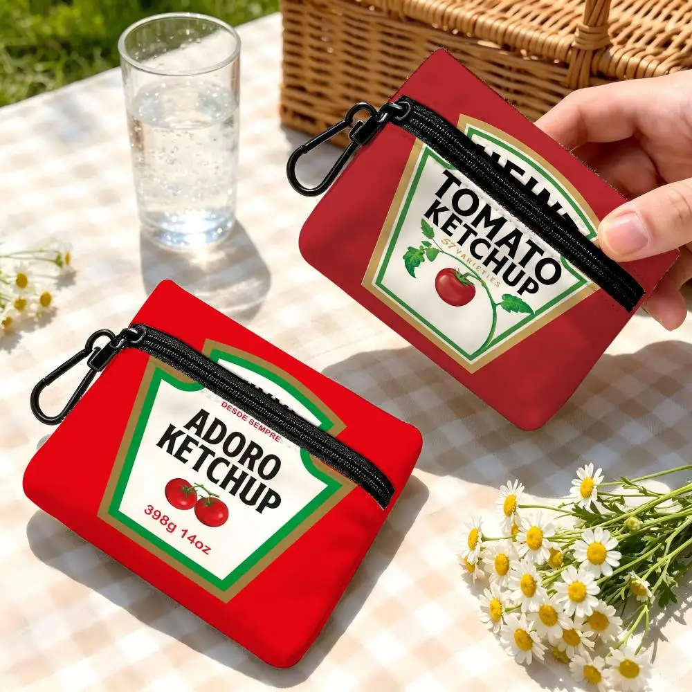 Funny Ketchup Label Lightweight Oxford Fabric Coin Purse Carabiner Hook Design Mini Card Key Organizer Bag