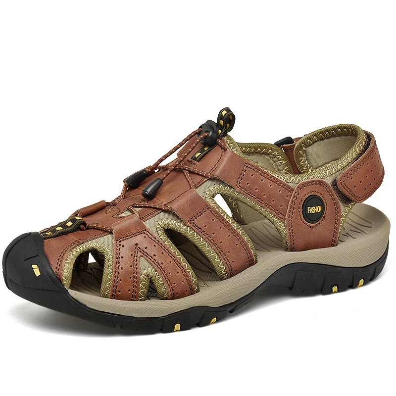 High quality leather flat sandals for men round toes new summer 2025 size 44 45 casual outdoor walking big size shoe blue brown image 6