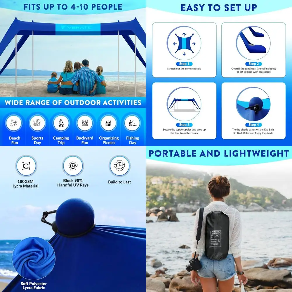 

Portable 10x10FT Bicolor UPF50 Beach Tent with 4 Poles, Sandbags, Wind Ropes, and Carry Bag for Outdoor Activities