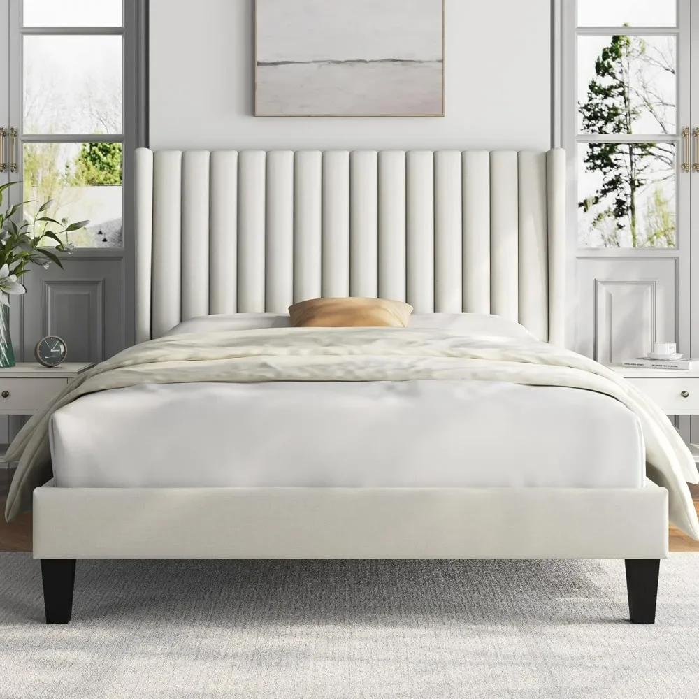 

bed.Full Bed Frame Upholstered Platform Bed with Fabric Headboard, Wing Edge Design/Non-Slip and Noise-Free/Wooden Slats