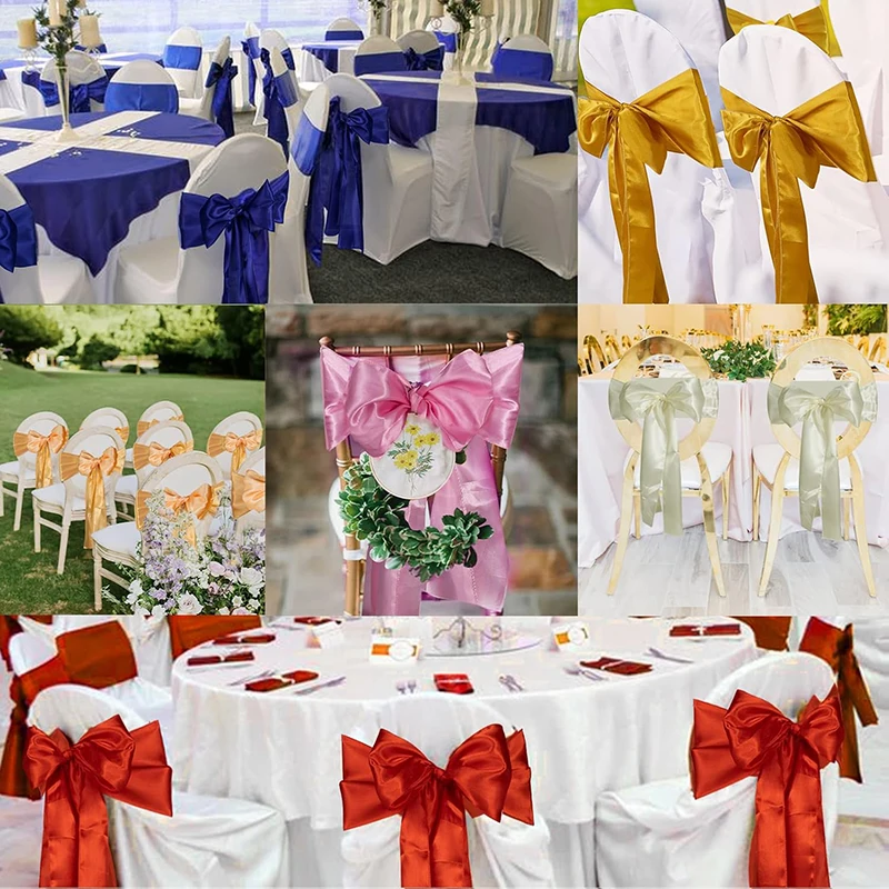 10/50Pcs Gold Satin Chair Sashes Ties Bows 7x108inch for Wedding Party Baby Shower Christmas Banquet Restaurant Hotel Decoration