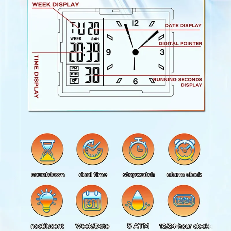 SANDA Fashion 6273 Electron Analog Watch for Men Women Square Dial Count Down Timer Waterproof Watch LED Luminous Digital