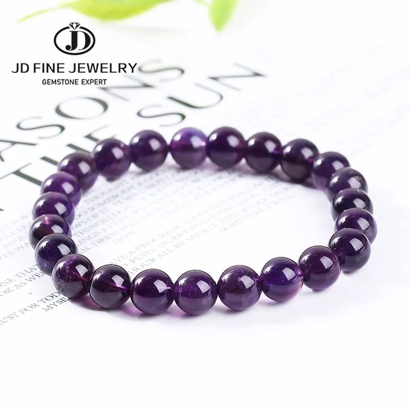 JD Natural Amethyst Quartz Bead Bracelets Women Reiki Healing Energy Purple Crystal Stretch Bangles Yoga Jewelry Couple Gifts