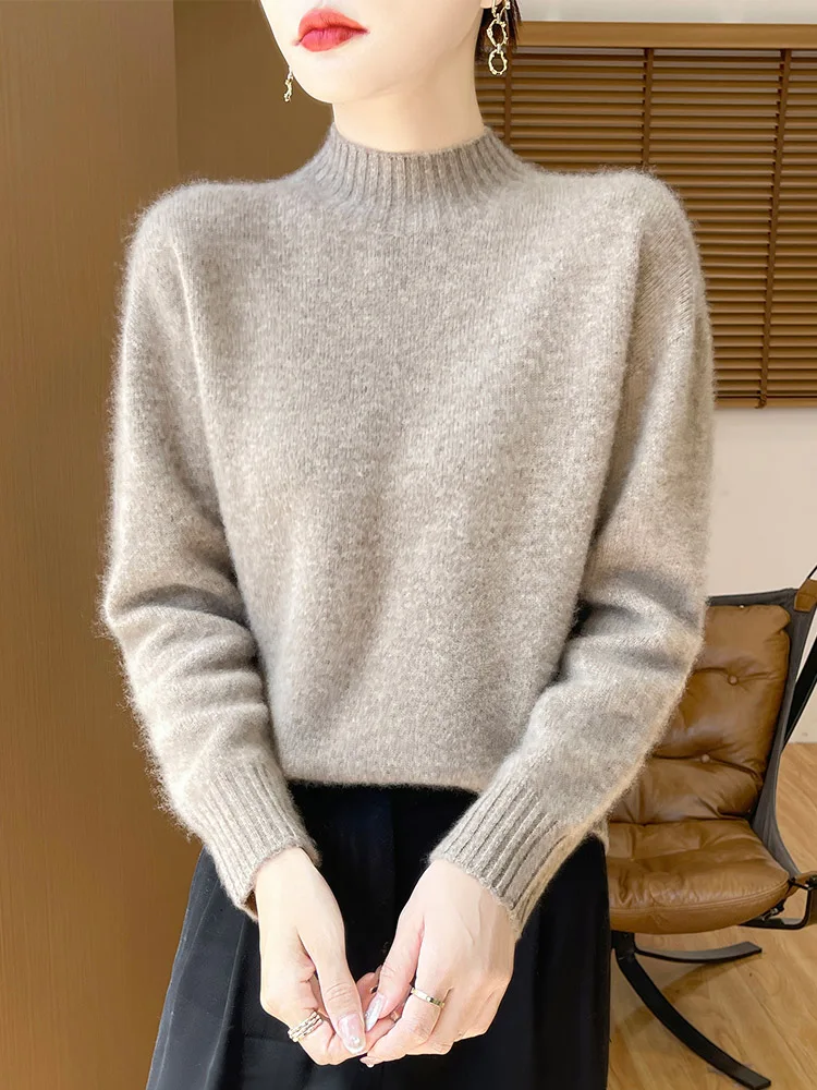 Chic Pure Color Basics Soft Women's Pullovers 100% Cashmere Knitted Casual Loose Mock Neck Sweater Warm Regular Fit Tops