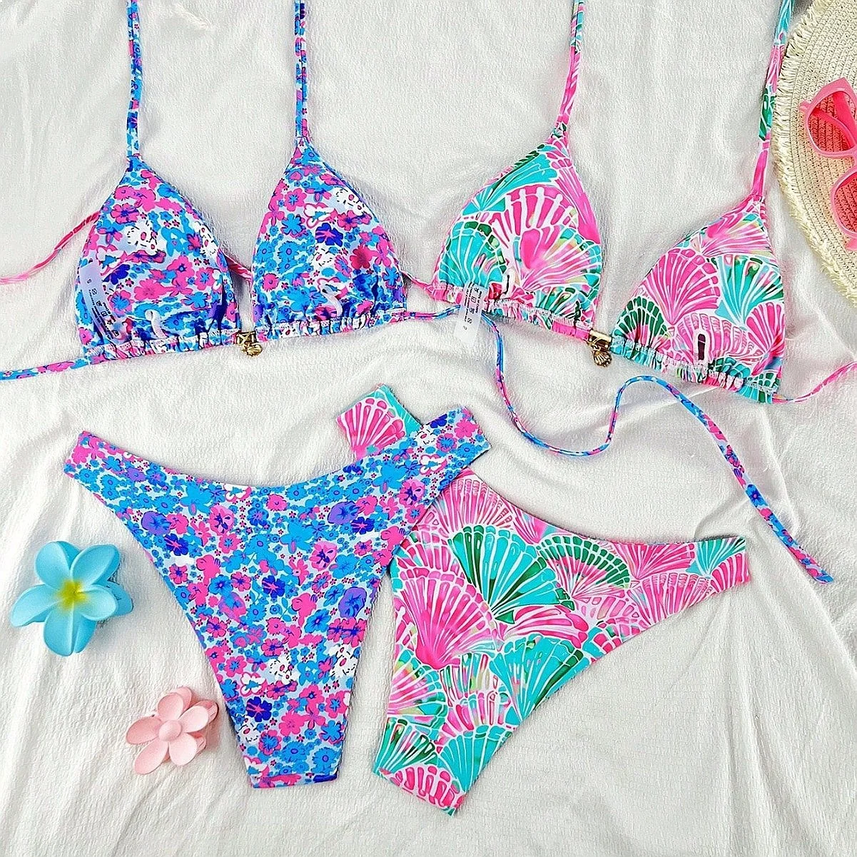 2026 New European Printed Tie Side Bikini Set, Sexy Two Piece Swimwear Bathing Suit for Women, Summer Beach Pool Holiday Wear