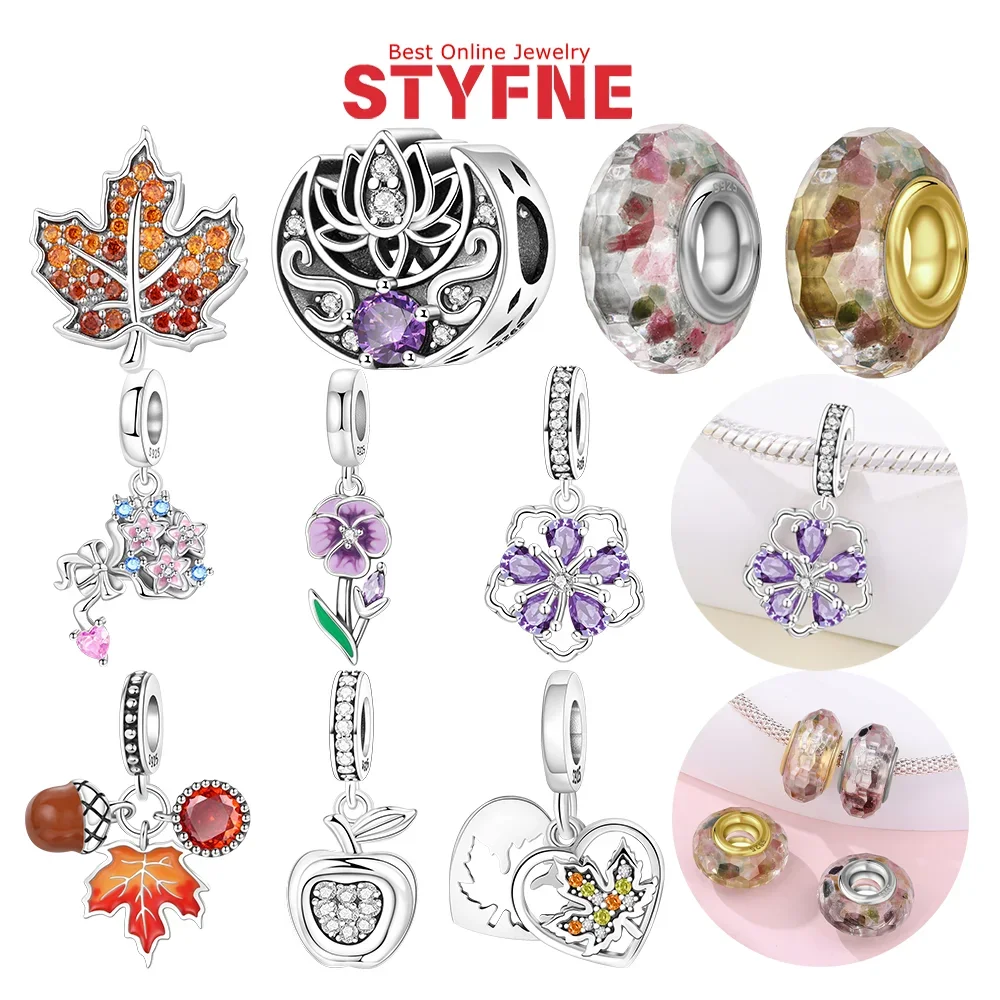 

925 Silver Plant Series Charms Bouquet Violet Maple Leaf Colorful Glass Bead Fruit Pendant Fashion Jewelry Gift Fit DIY Bracelet