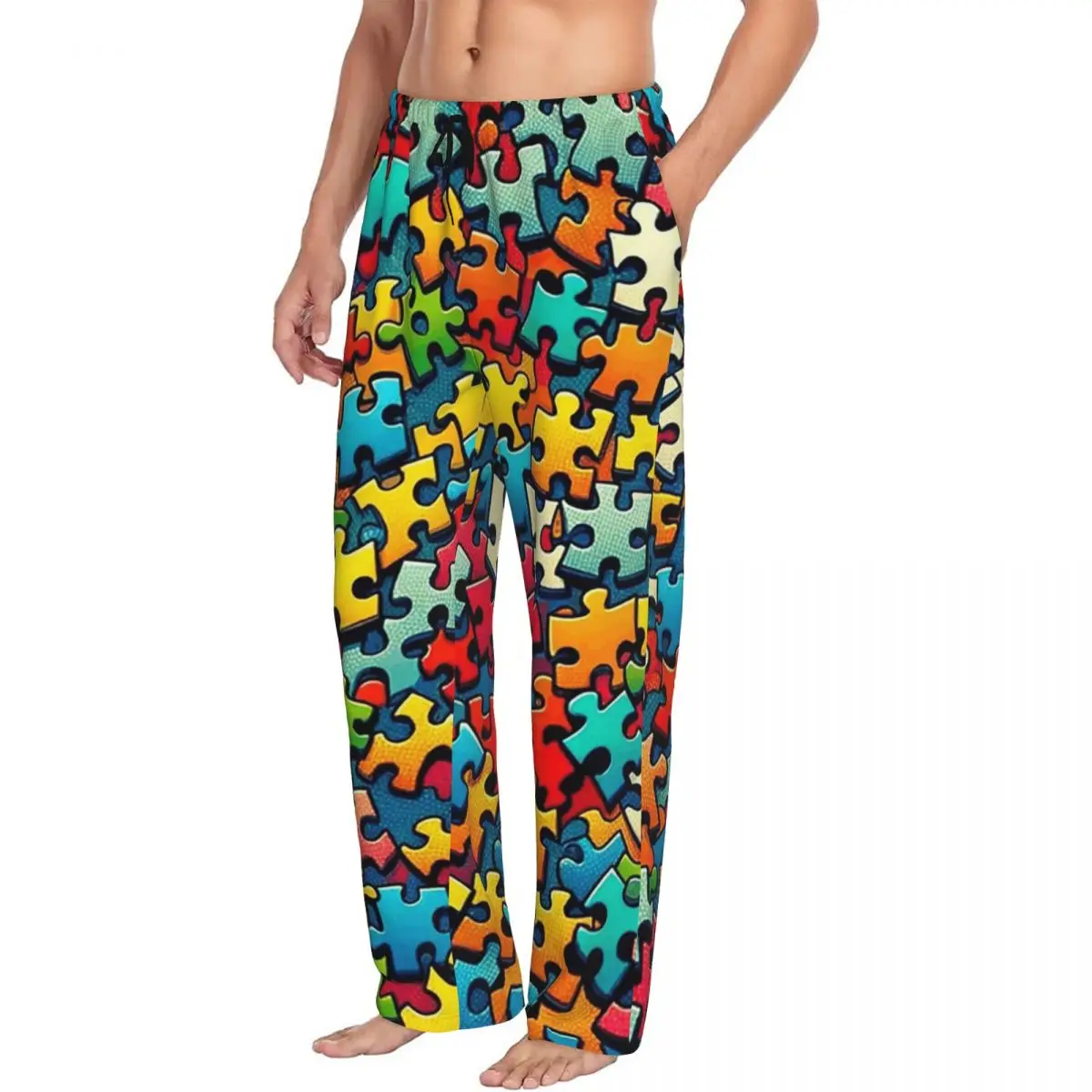 Custom Autism Awareness Colorful Puzzle Piece Print Men Pajama Pants Lounge Sleep Sleepwear Bottoms with Pockets