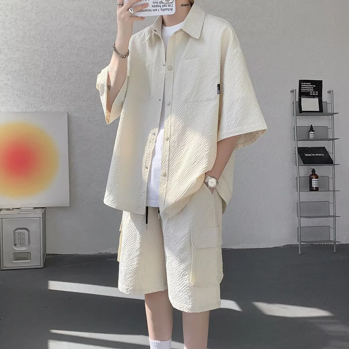 Men's summer ice silk short sleeved shirt+shorts set, loose and casual, solid color, versatile two-piece set, Korean version, tr