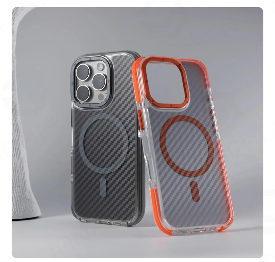 Soft Rubber Frame Alloy Lens Case For iPhone 16 15 14 13 12 Pro Max Carbon Fiber Textured Backplate For Magsafe Magnetic Cover