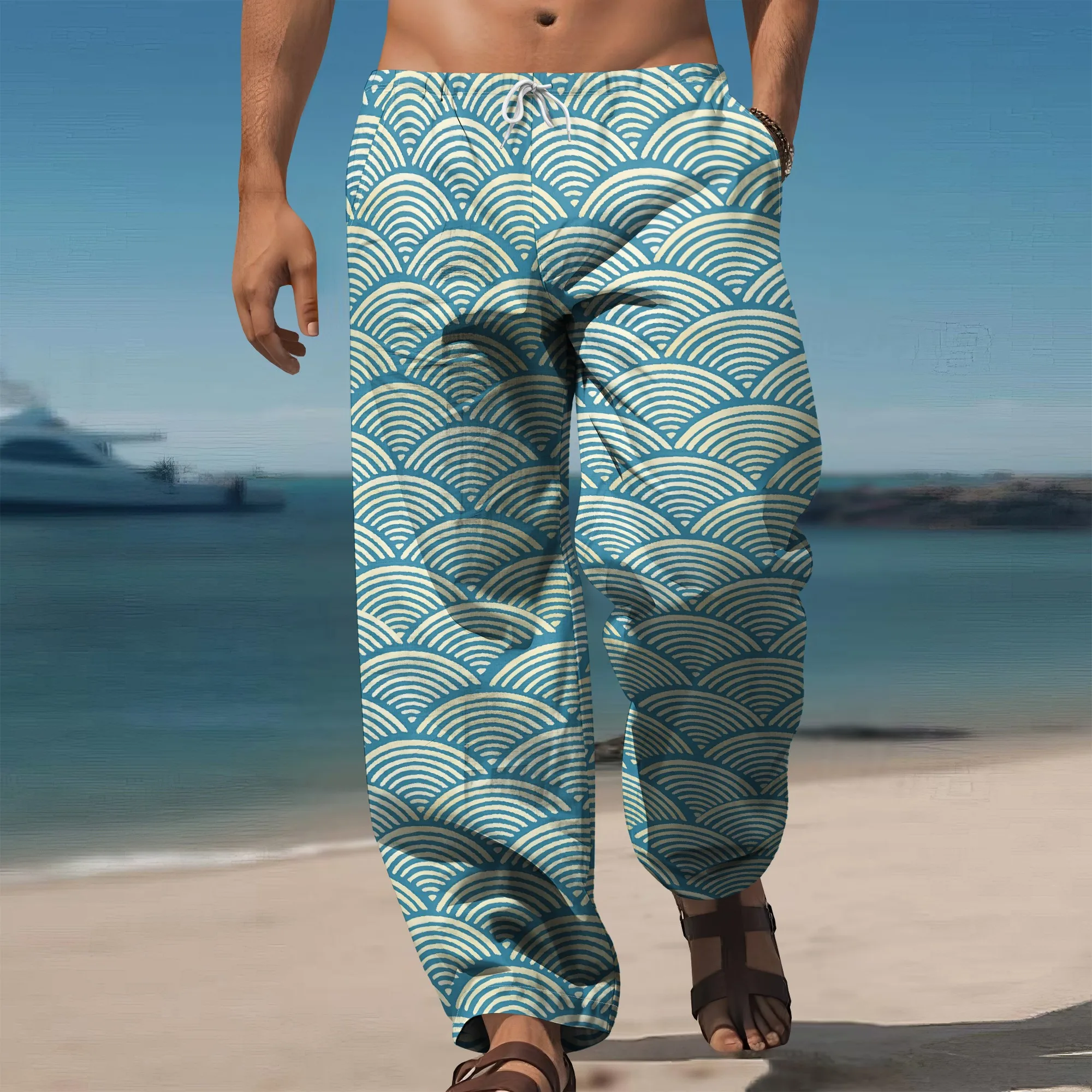 

YEAE Blue Wave Pattern Print Pants for Men Summer Casual Loose Drawstring Trousers