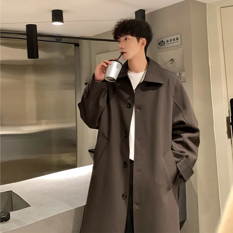 رجل الكورية اليابانية نمط خندق معطف طويل معطف غير رسمي ربيع الخريف سترة واقية فضفاضة تناسب