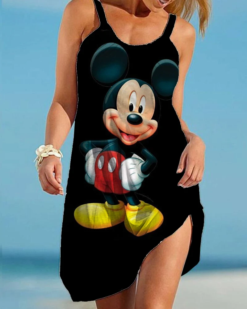 2024 Summer Mickey and Minnie Women Fashion Sling Print Dress Disney Women Sexy Loose Seaside Beach Casual Beach Dress