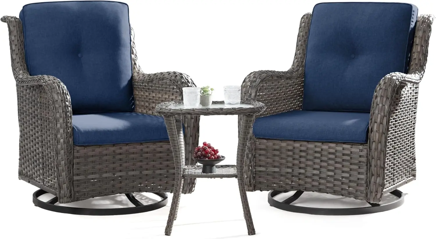 Outdoor Swivel Rocker Patio Chairs Set of 2 and Matching Side Table 3 Piece Wicker Patio Bistro Set with Premium & Soft Cushions