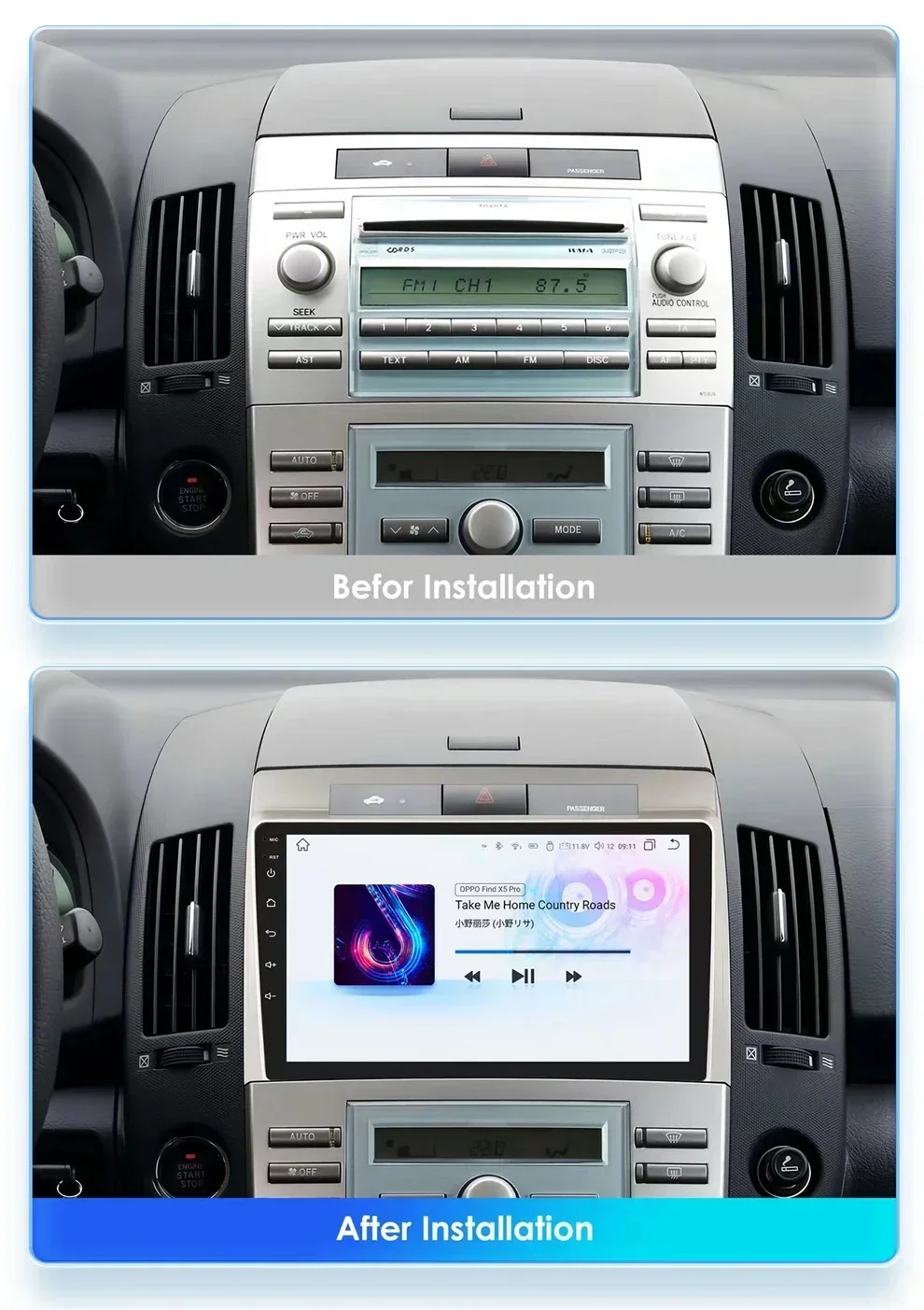 Autoradio Android 13, Carplay, Stéréo, GPS, DVD, Unité Centrale, 2 Din, Lecteur pour Toyota CorTrustVerso AR10 (2004, 2005, 2006 -2009)