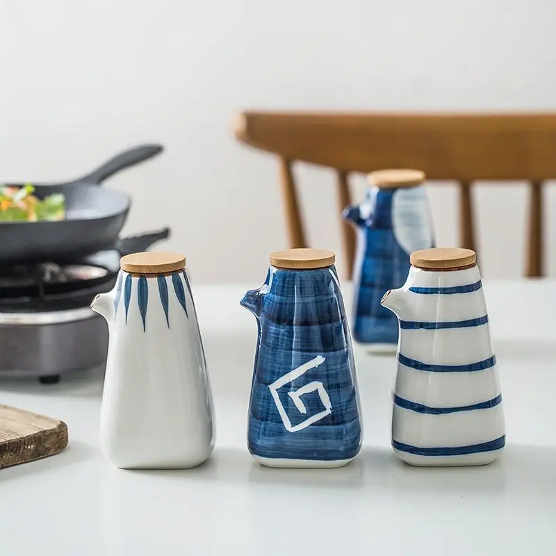 Japanese Style Ceramic Oil & Vinegar Dispenser with Bamboo Lid, 15cm Glass Cruet Seasoning Jar Pot for Kitchen Countertop