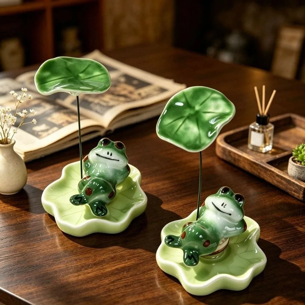Interesting Ceramic Laying Frog Statue Lotus Leaf Home Ornaments Desktop Decoration Funny Attract Wealth Frog Rotating Gift