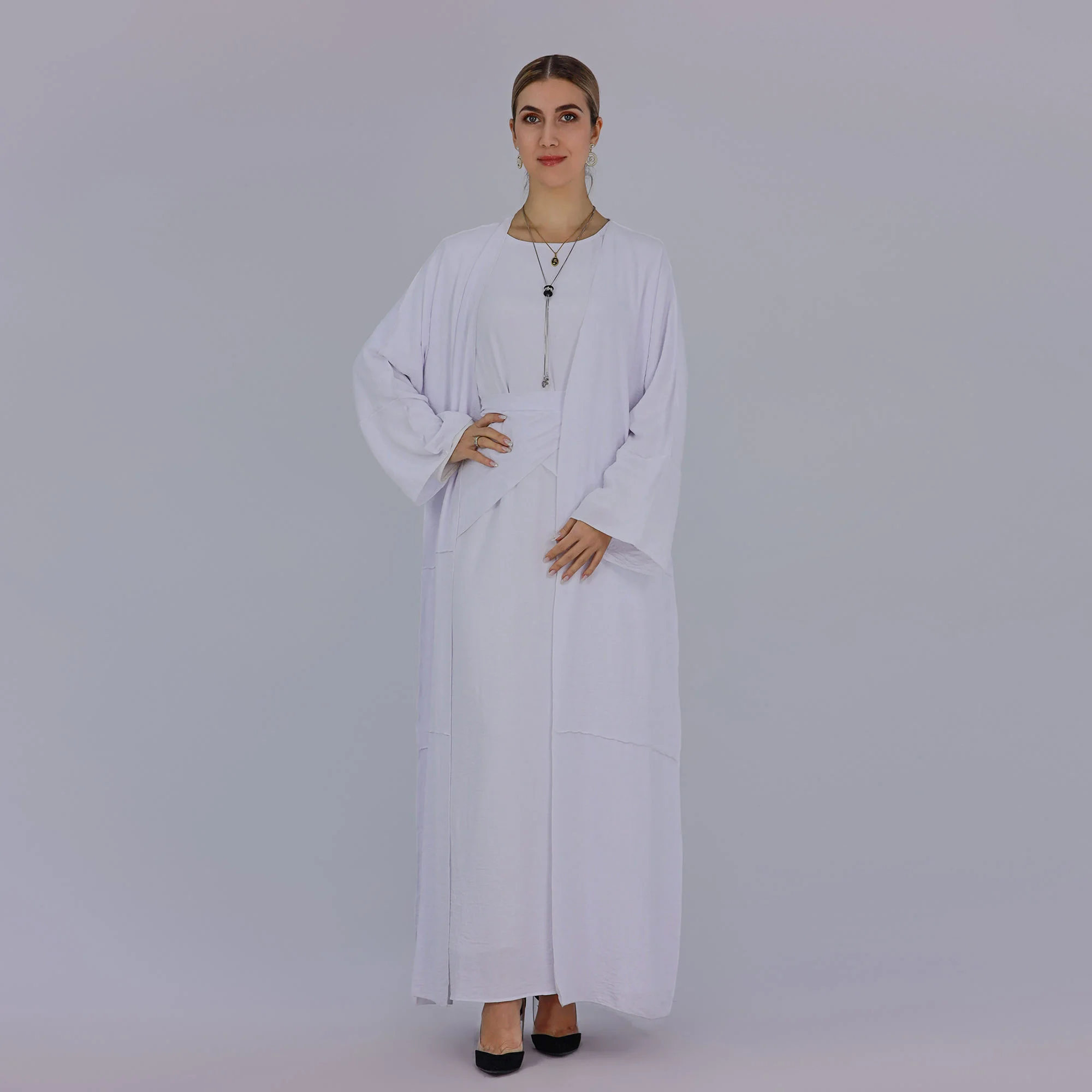 

Muslim Women Matching Set Open Abaya Kimono Cardigan Wrap Skirt Outfits Dubai Turkey Islamic Clothing Eid Ramadan Jalabiya Dress