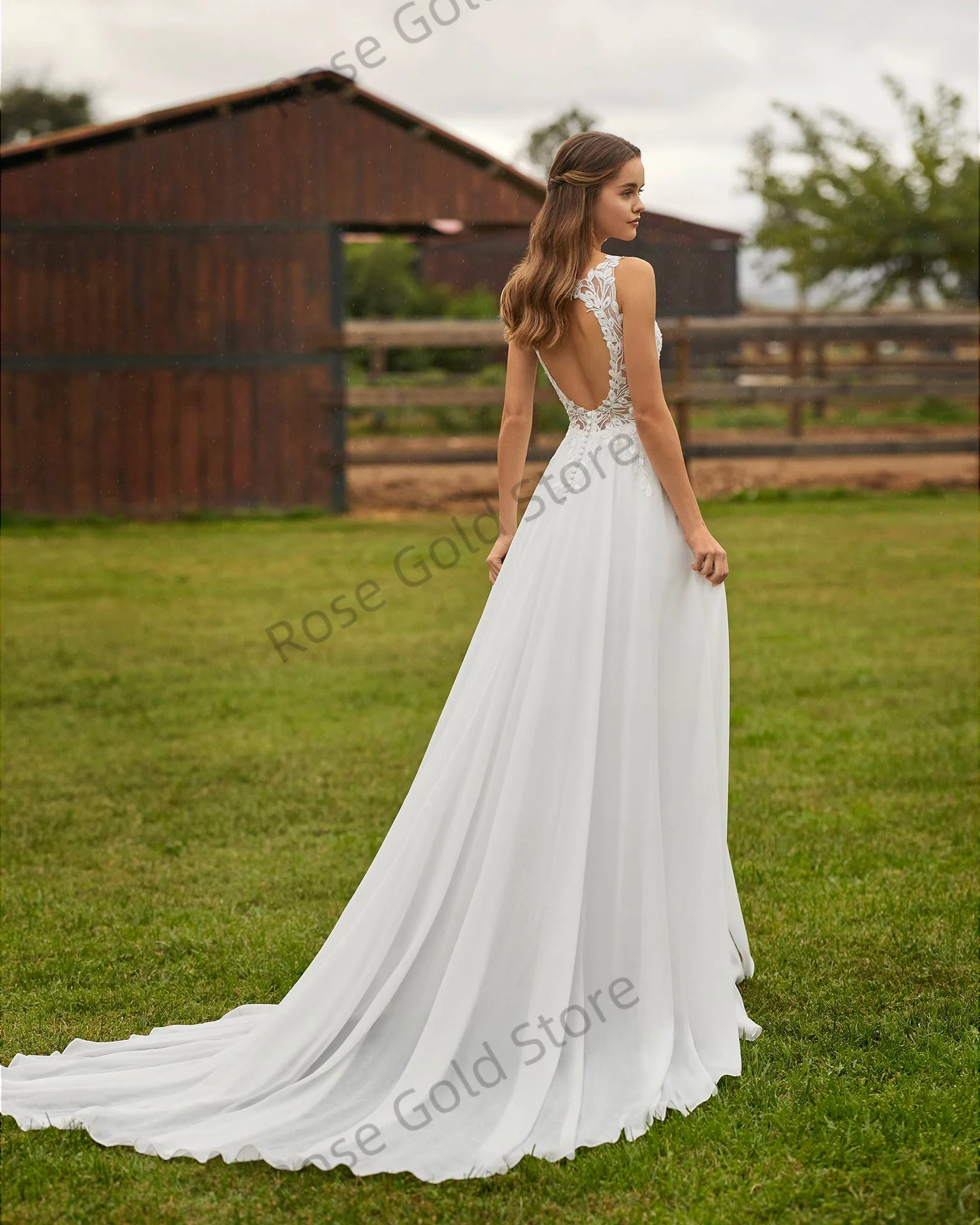 Boho A-lijn trouwjurken V-hals Kant geappliceerde bruidsjurken Chiffon Backledd vestido de novia voor bruiloftsfeest op maat