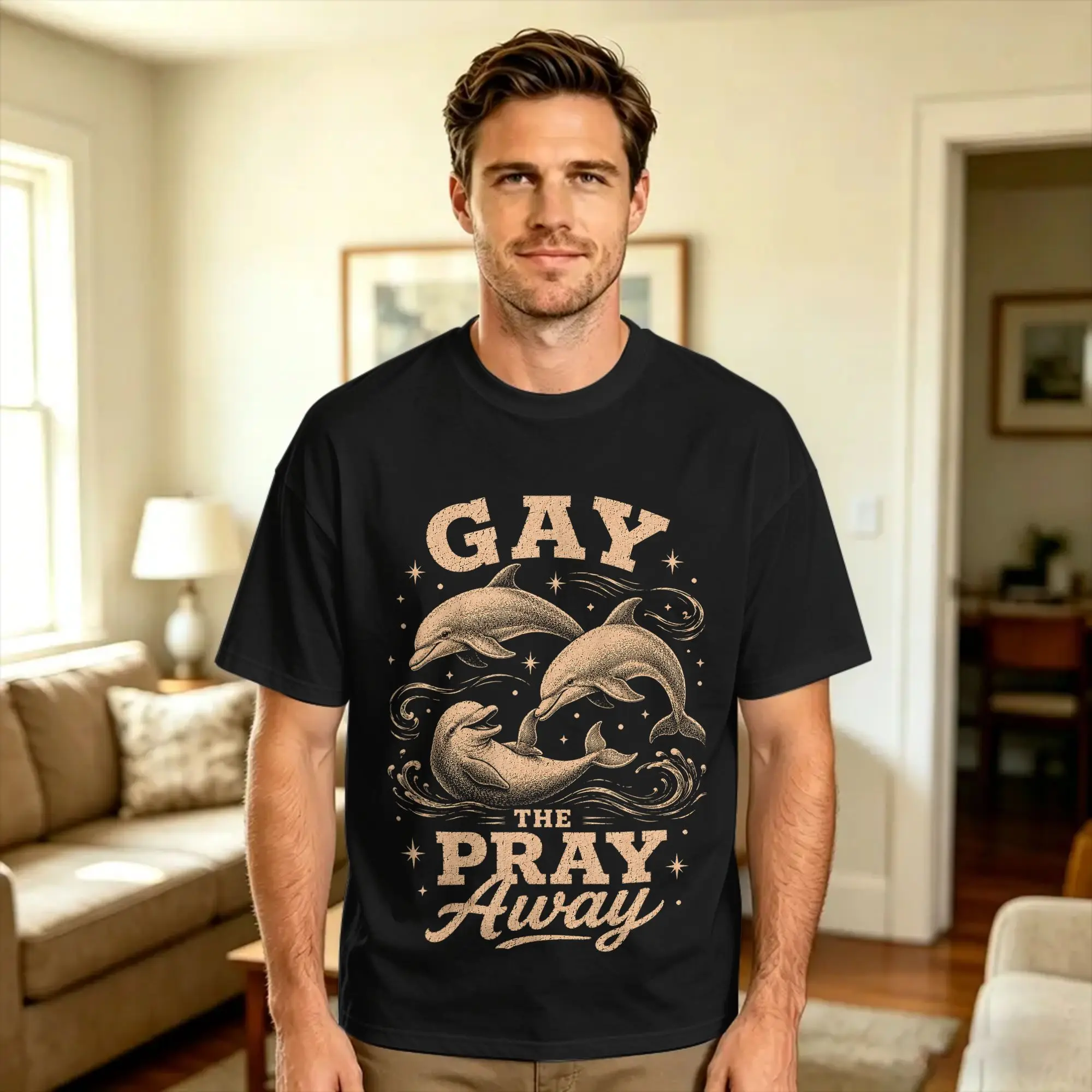 Men's Gay the Pray Away Funny Dolphin Meme T Shirts  Cotton Top Tees Summer Street Style Short-Sleeve T Shirt O Neck Tshirt