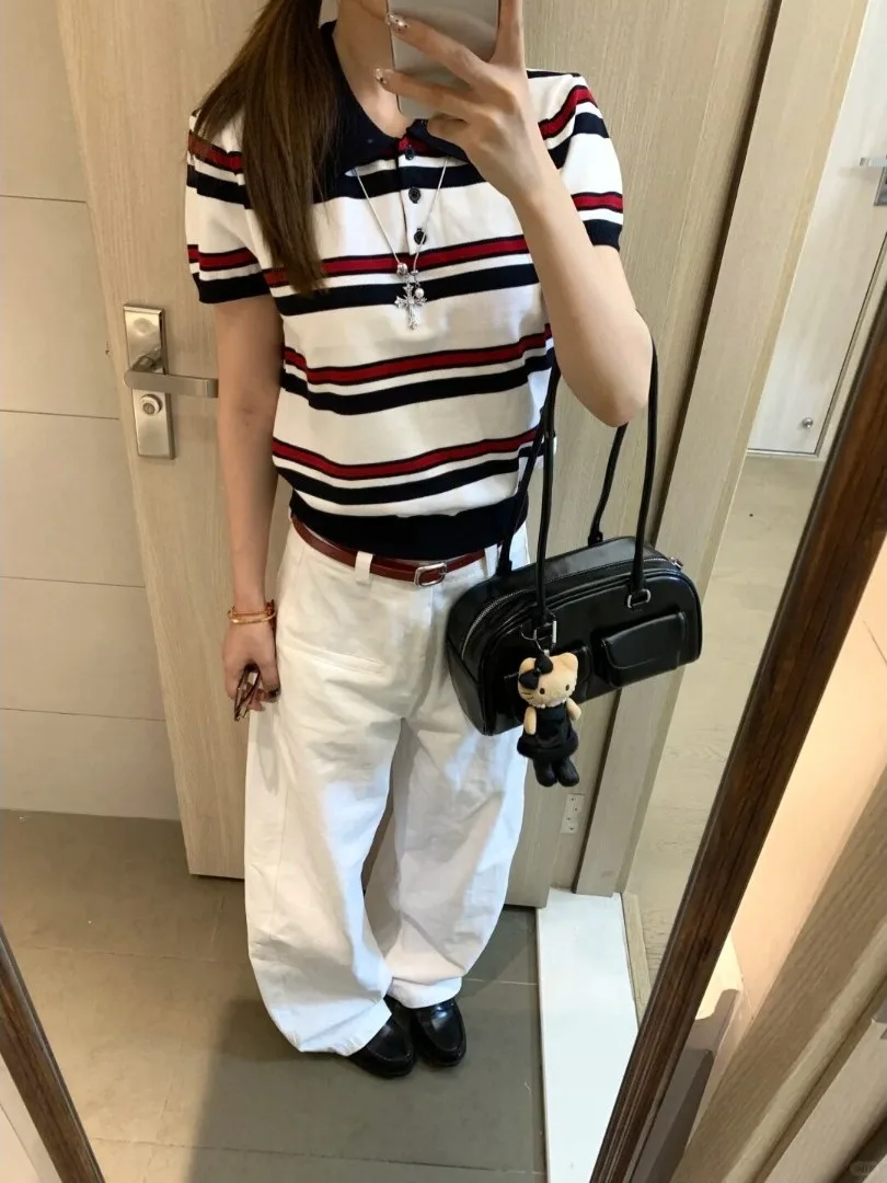 

Korean College Style Color Block Stripe Short Sleeve Knitted Shirt Women's Summer Small Size Shoulder Flip Collar Top