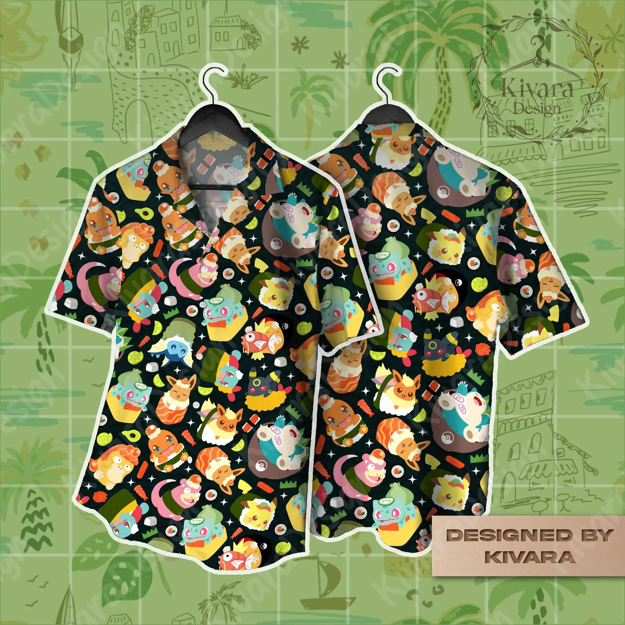 Camiseta masculina manga food hawaiiana, camiseta com estampa de anime Pokémon, verão, esportes, lazer, roupas infantis, y2k, feminina ﻿