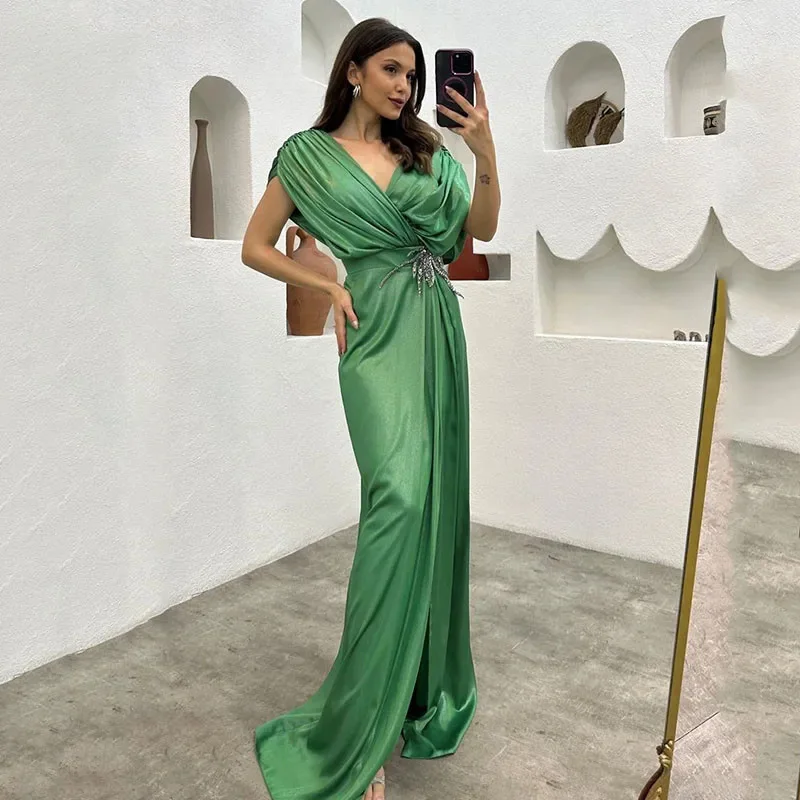 

Dubai Satin Mermaid Evening Dresses Green Color Saudi Arabic Prom Dress Engagement V Neck Formal Occasion Dresses Party Gowns