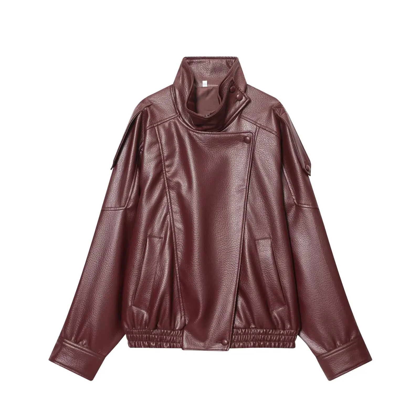 TFMLN Chic Schwarz Kunstleder Jacken Frauen Langarm Tasten Elastische Übergroße Mäntel Mode 2025, Herbst Winter Streetwear