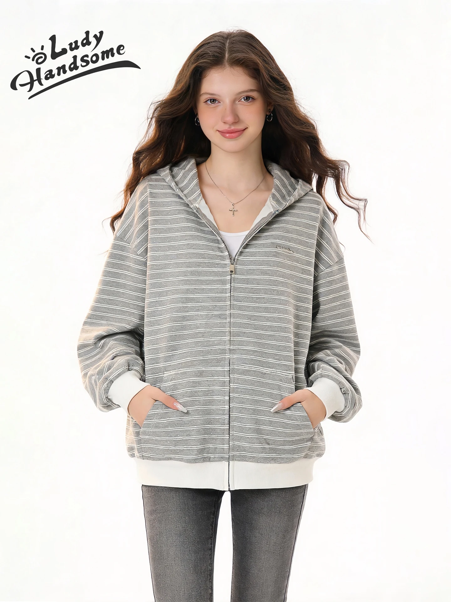 

Ретро-американский полосатый худи-кардиган на молнии, свободный крой, для мужчин и женщин, новинка 2026 года, зимний, хлопок/полиэстер