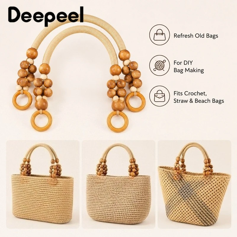 2Pcs/4Pcs 37cm/48cm Wood Bead Bag Handle Nylon Rope Decorative Grip for Crochet Straw Beach Purse Replacement Handmade Accessory