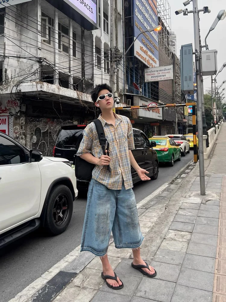 

Summer American Sle Brued Plaid ort Sve Loose Fit ex Casual irt Trendy Couple's Cheered irt Coat