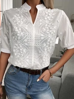 2024 Spring Embroidery Women Blouse Fashion Summer V-neck Lantern Sleeve White Shirt Woman Vintage Cotton Hollow-out Tops 24350 - Image 4