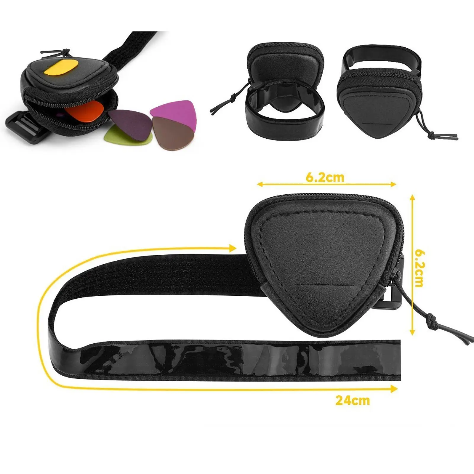 Guitar Pick Holder Case Soft Nylon PU Plectrum Pouch Quick Access Zipper and Strap Wrap for Acoustic Electric Rehearsals