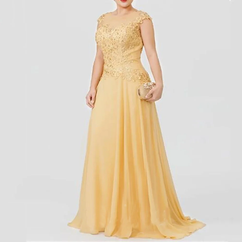 Vestido elegante de encaje de línea a dorado para madre de la novia, vestido de fiesta nupcial con cuentas de gasa de tren de barrido, cuello de ilusión, talla grande