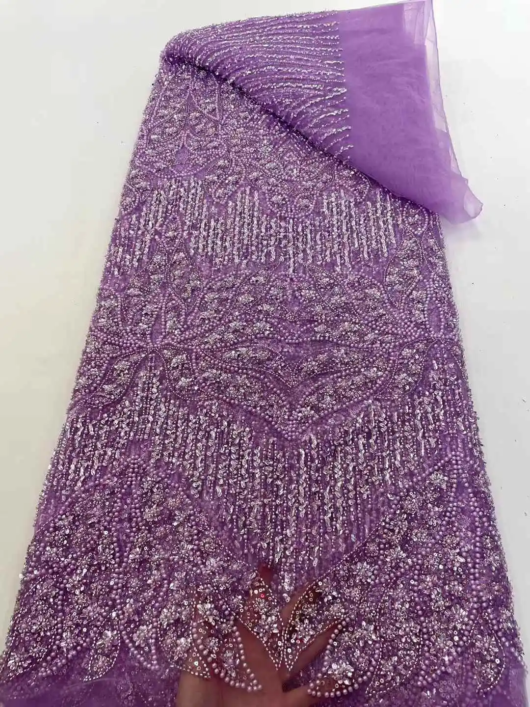 2025 Latest African Heavy Beaded Tulle Lace Fabric Embroidery Lace French Mesh Sequins Lace Fabric Nigerian Tulle Lace for Party