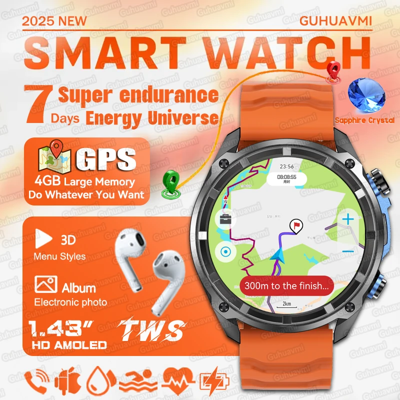 2025 Neue Outdoor-Sport-GPS-Uhr 1,43 Zoll HD AMOLED 5ATM wasserdichte Schwimmuhren 4 GB Speicherkarte Lokale Musik TWS GPS-Karte Smartwatch