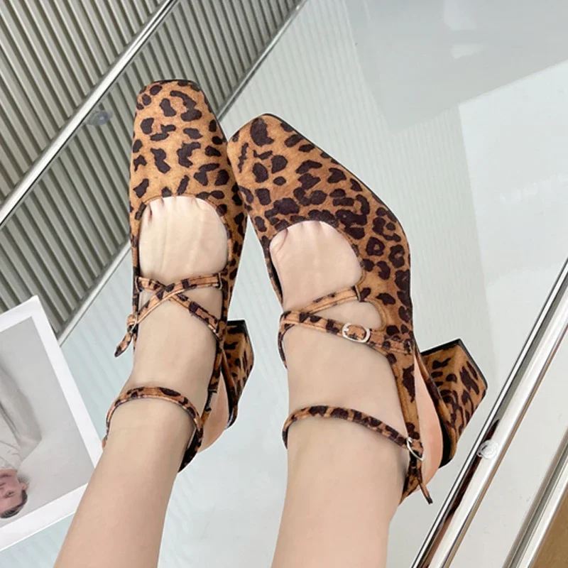 Eilyken New Fashion Leopard Print Narrow Band Buckle Strap Women Pumps  Elegant Square Toe High Heels Wedding Party Shoes