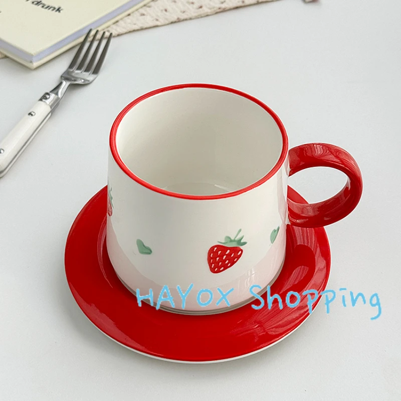 Korean Strawberry Ceramic Coffee Cup Plate Afternoon Tea Underglaze Cute Milk Cup Dish Set Red Green Color Birthday Gift