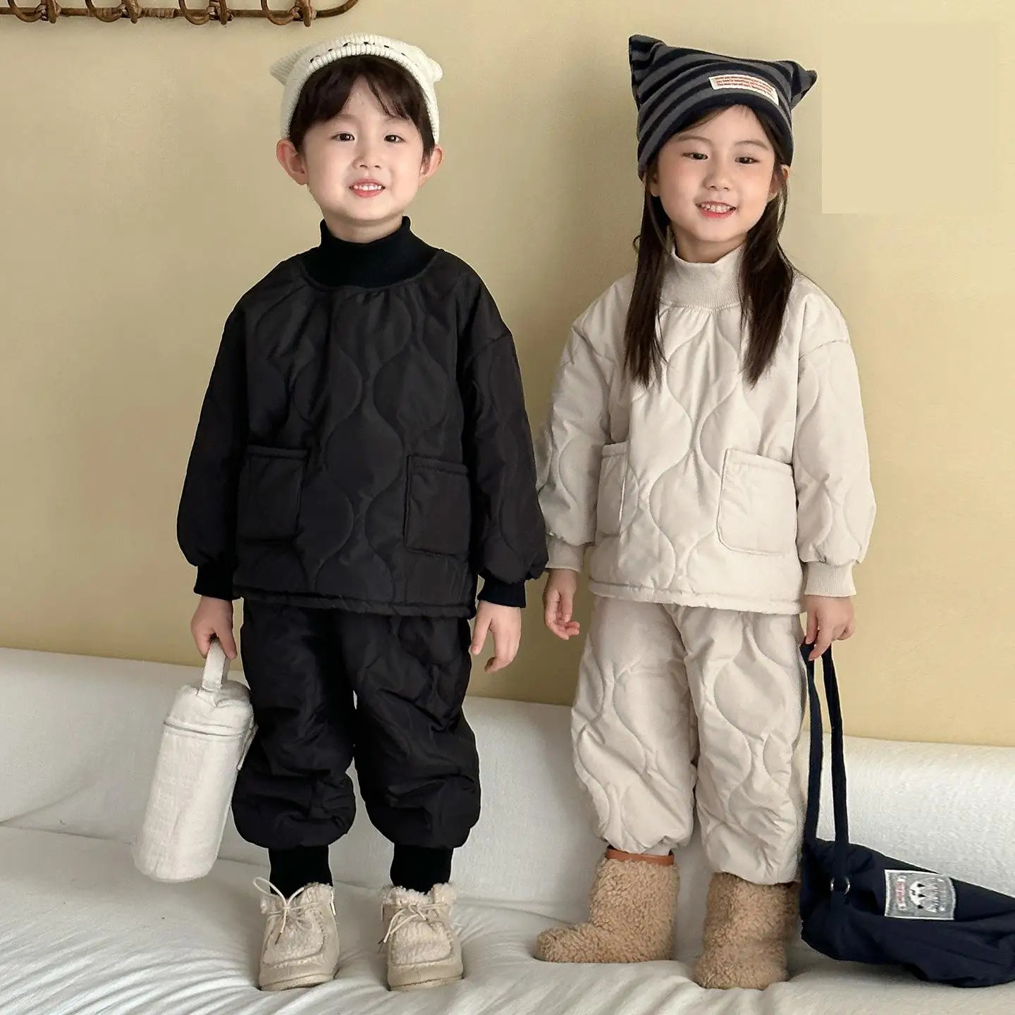 

2025 Winter New Children Plus Velvet Thick Clothes Set Boys Girls Padded Jacket + Pants 2pcs Suit Solid Kids Fleece Warm Outfits