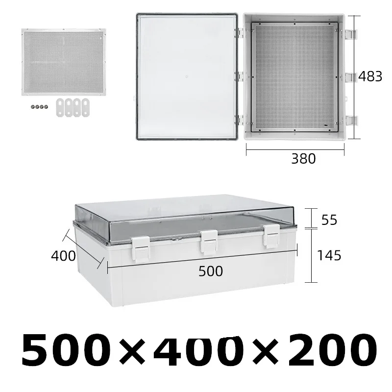 Boîte de jonction électrique étanche à la poussière, coque articulée, projet universel extérieur, boîtier, couvercle transparent, IP66, 500 × 400 × 200