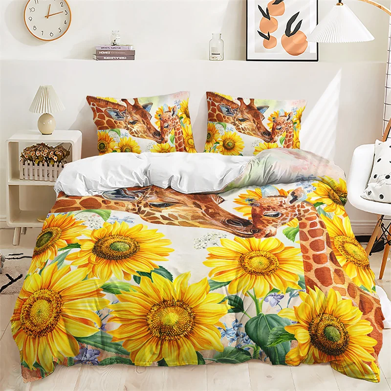 Home Textile Luxury 3D Sunflower Giraffe Print 2/3Pcs Kid Duvet Cover Pillowcase Bedding Set Single Queen and King AU/EU/US Size