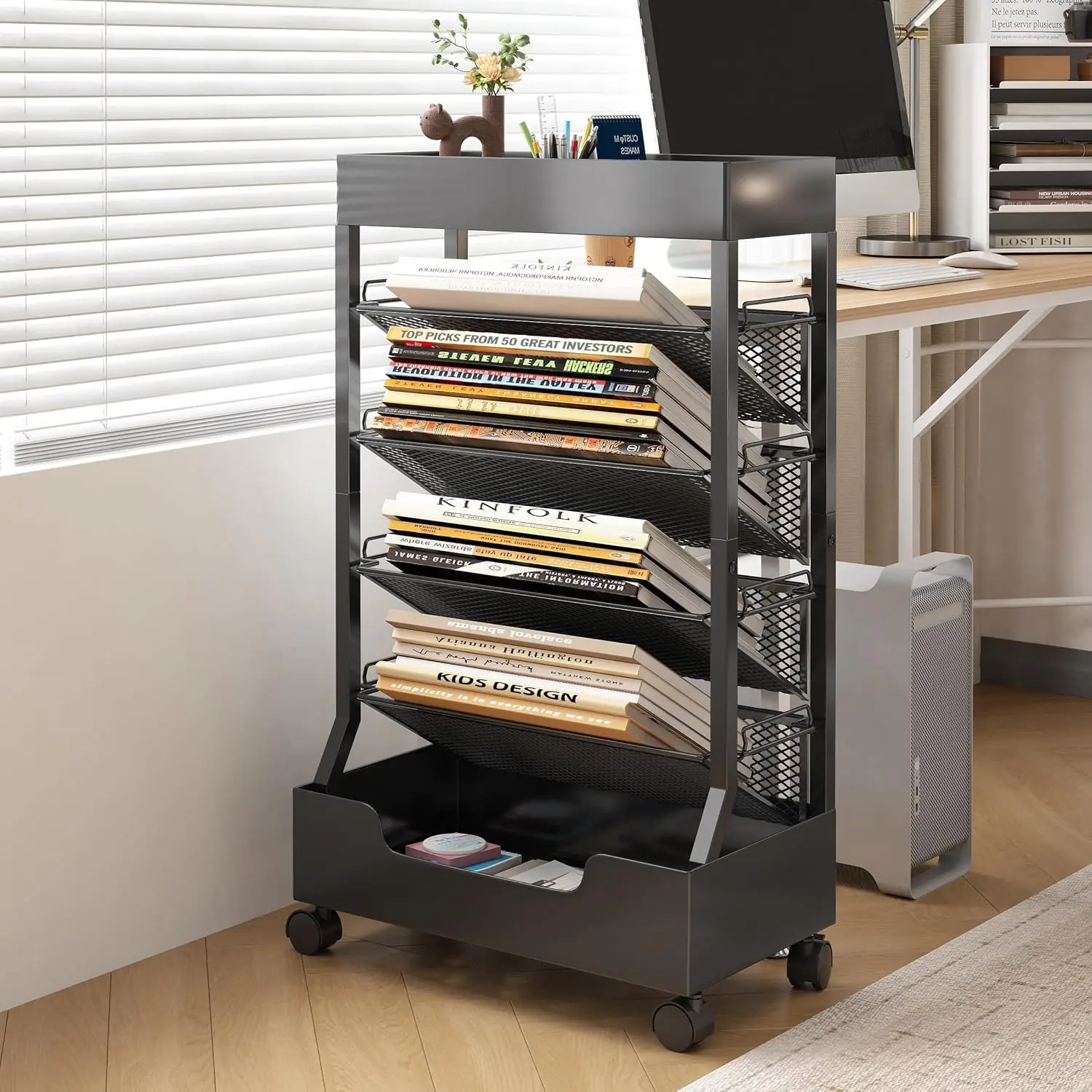 

Современный передвижной книжный стеллаж с металлической верхней частью и основанием, съемными полками для дома, кабинета, офиса, класса, черный цвет