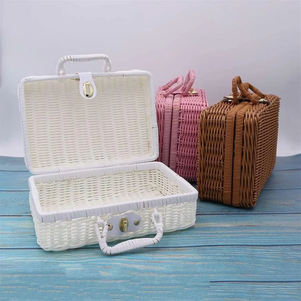 Picnic Baskets Woven Handbag Rattan Weaving Suitcase Photo Props Picnic Box Pastoral Storage Box Wedding Gift