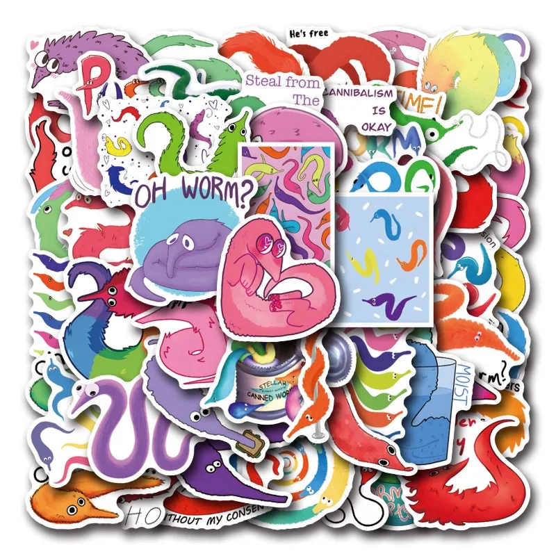 55pcs New Worm Cartoon Graffiti Sticker Water Cup Luggage Laptop Mobile Stationery Refrigerator Decorative Sticker