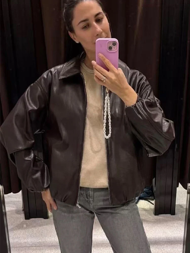 TFMLN Chaqueta Bomber de piel sintética para mujer, manga larga, estilo elegante y sencillo, prendas de vestir exteriores a la moda, dobladillo elástico, chaqueta de ocio para mujer