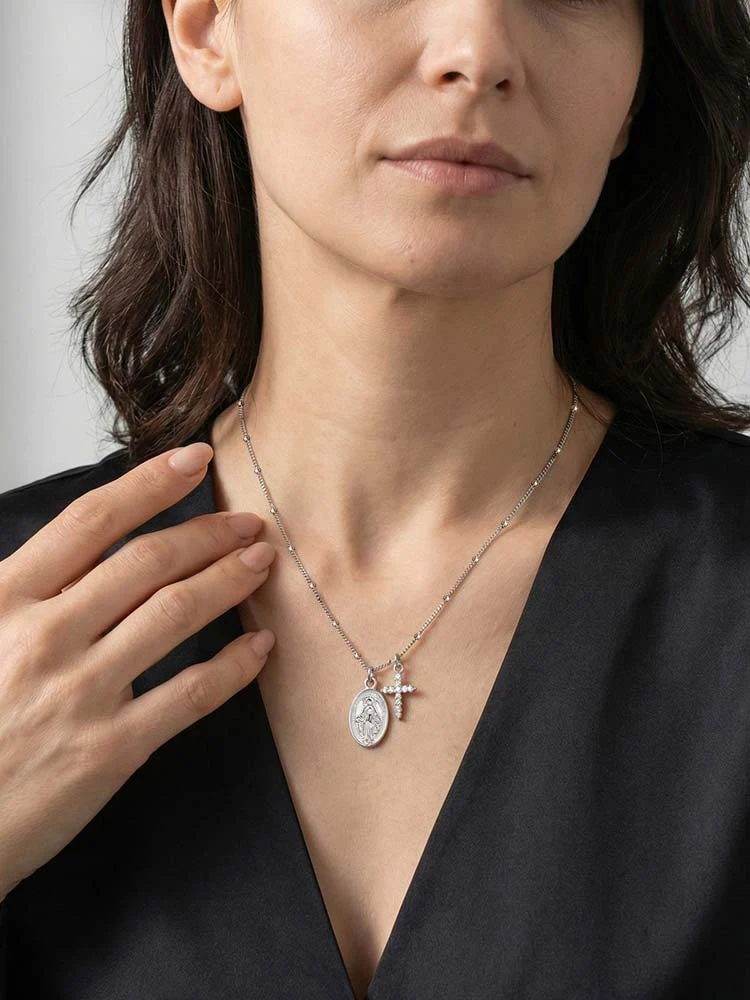 Collar con colgante de la Virgen María con cruz de circonio, joyería religiosa con medalla milagrosa ovalada