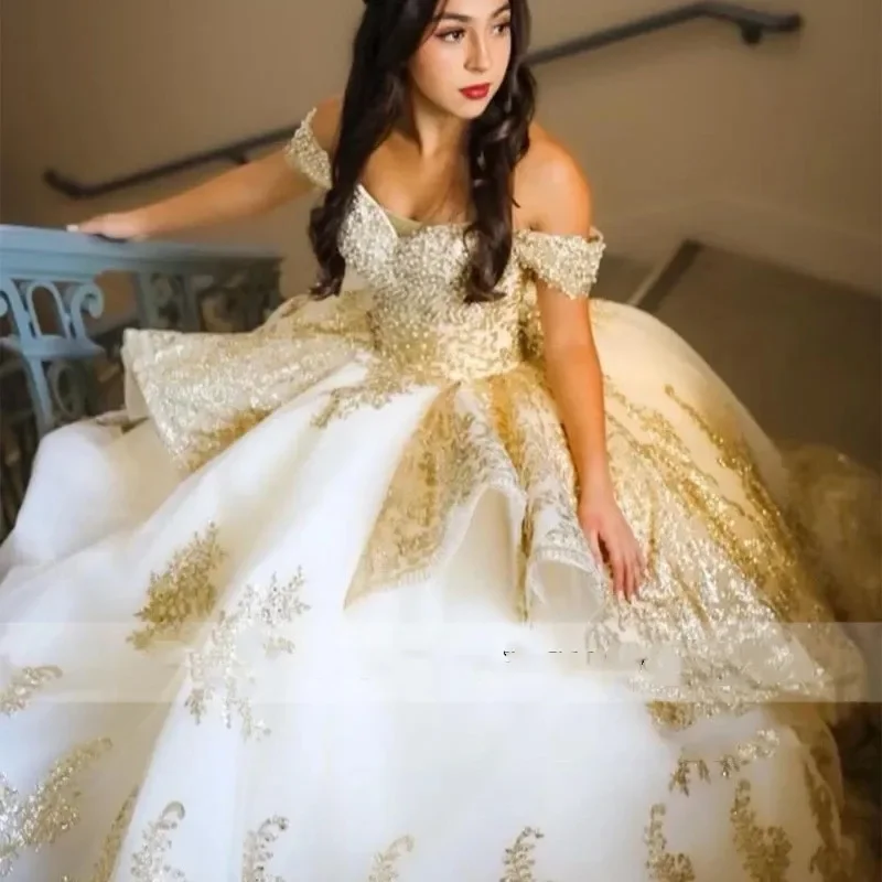 ANGELSBRIDEP платье принцессы Quinceanera цвета шампанского, золотого цвета, с открытыми плечами, блестками, аппликацией, жемчугом, Золушки, милое платье 16, Vestidos