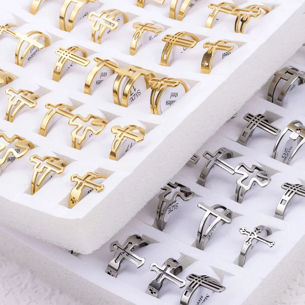 20/30/40/50Pcs/Lot Fashion minimalist hollow Cross Stainless Steel Rings Men Women Hollow  Charm Jewelry Party Gifts Random