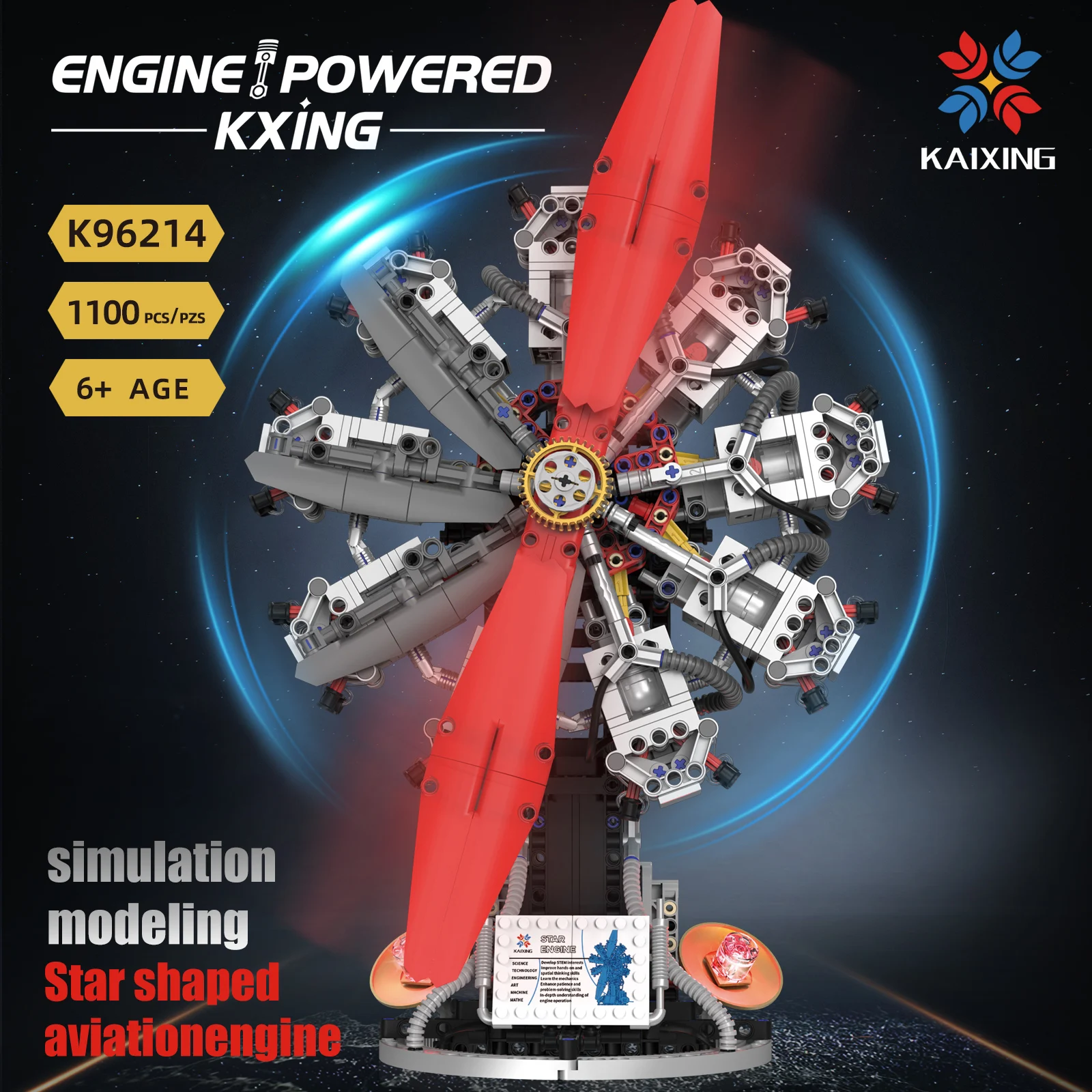 K96214 1100PCS Simulation 9-cylinder Aircraft Engine Building-Blocks Model with Lighting MOC Bricks Kit